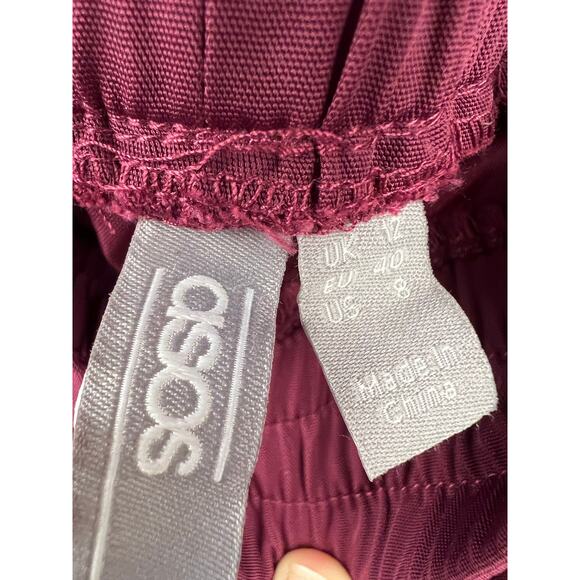 ASOS Ruffle Tapered Pants, Wine Red, 100% Polyester, Statement Joggers Lounge - Picture 10 of 13